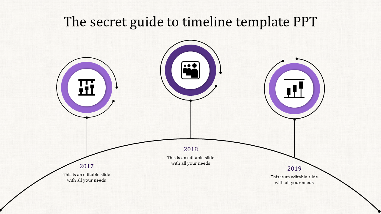 Curved timeline with three purple circular icons, marking years 2017 to 2019 on a light background.