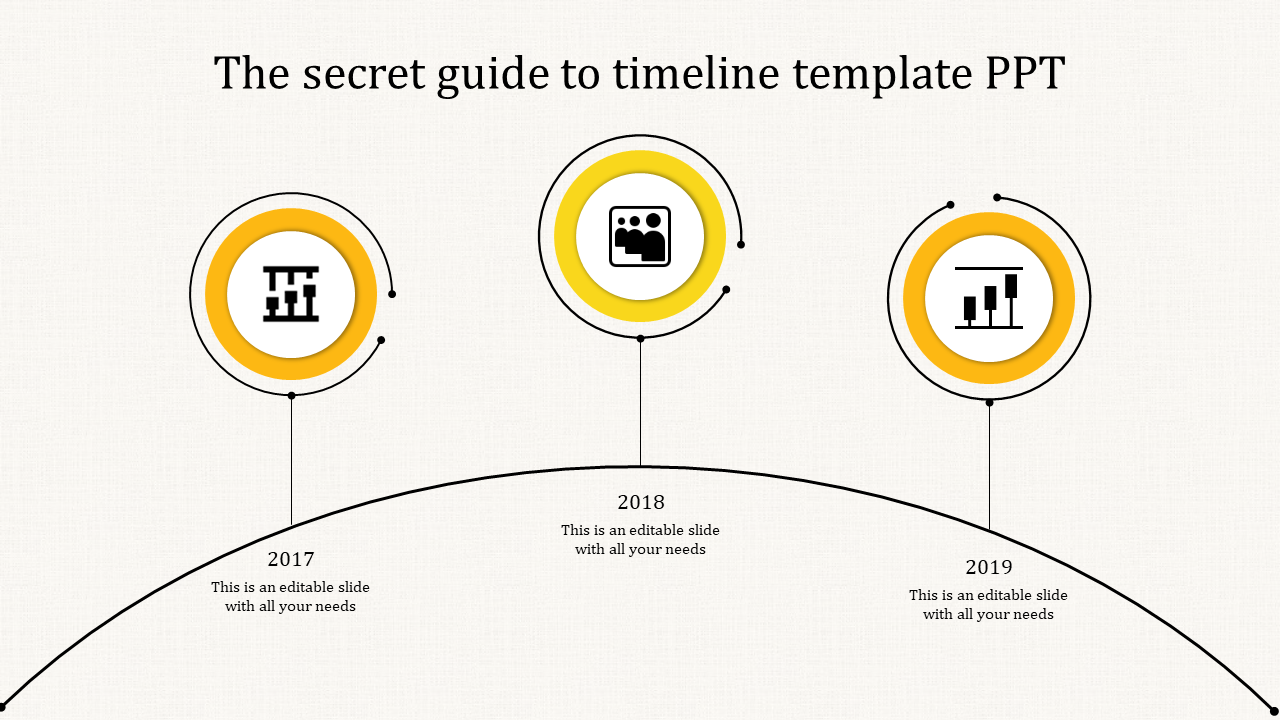 Three step yellow timeline with circular nodes along an arched trajectory, each connected to a year and an icon.