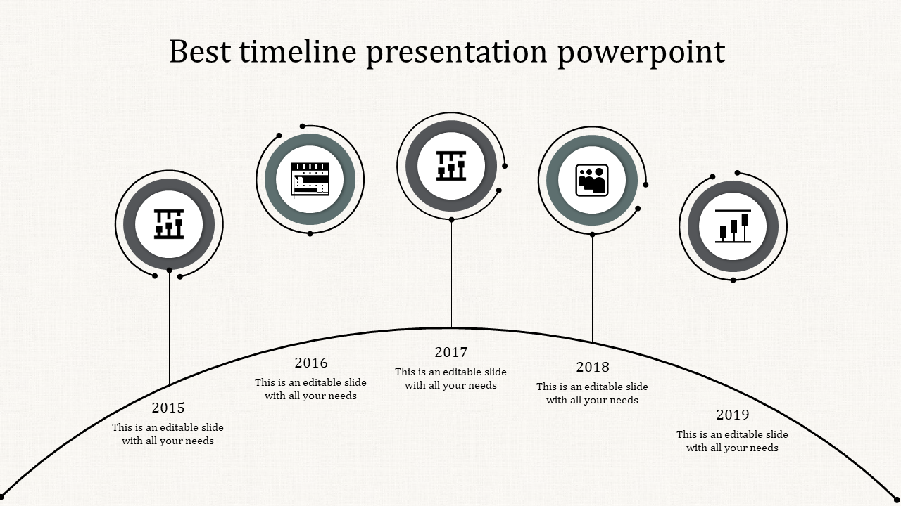 Curved grayscale timeline infographic with five circular milestones from 2015 to 2019, each containing an icon.