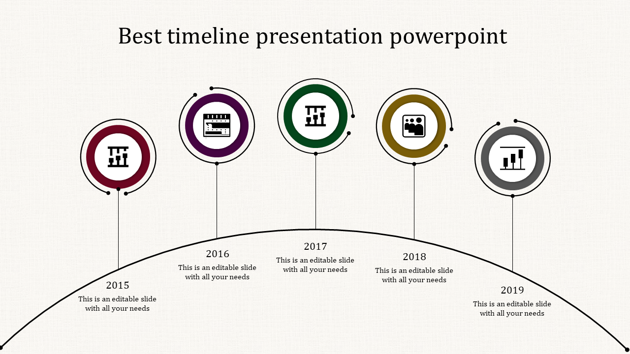 Curved timeline with five circular icons in red, purple, green, yellow, and gray, marking years 2015 to 2019.