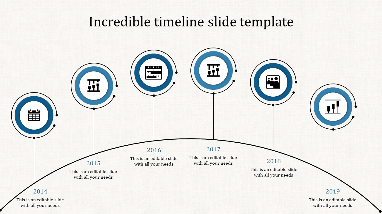 Curved timeline infographic with six blue circular milestones from 2014 to 2019, each containing an icon.