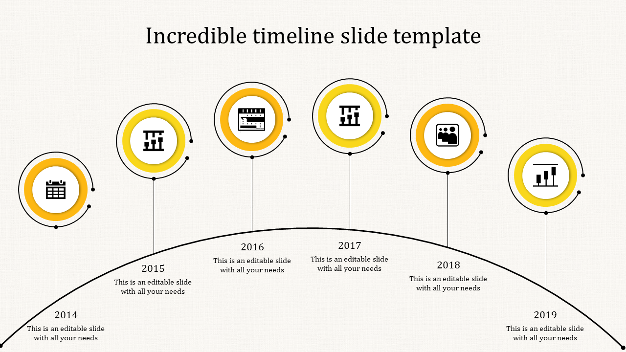 Minimalist arc shaped timeline featuring six yellow circular markers with icons, connected by vertical lines.