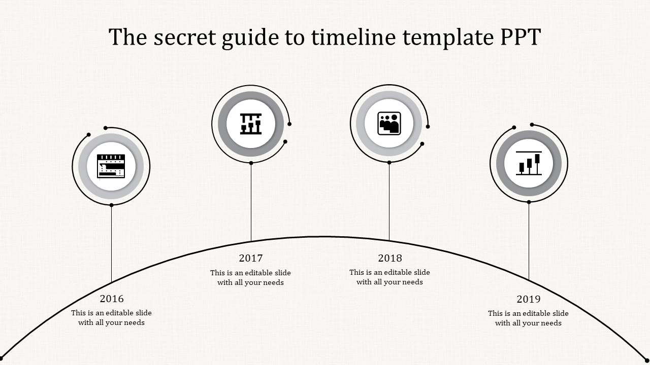 Black and white timeline with round milestone indicators placed along a curved path, detailing key events from 2016 to 2019.