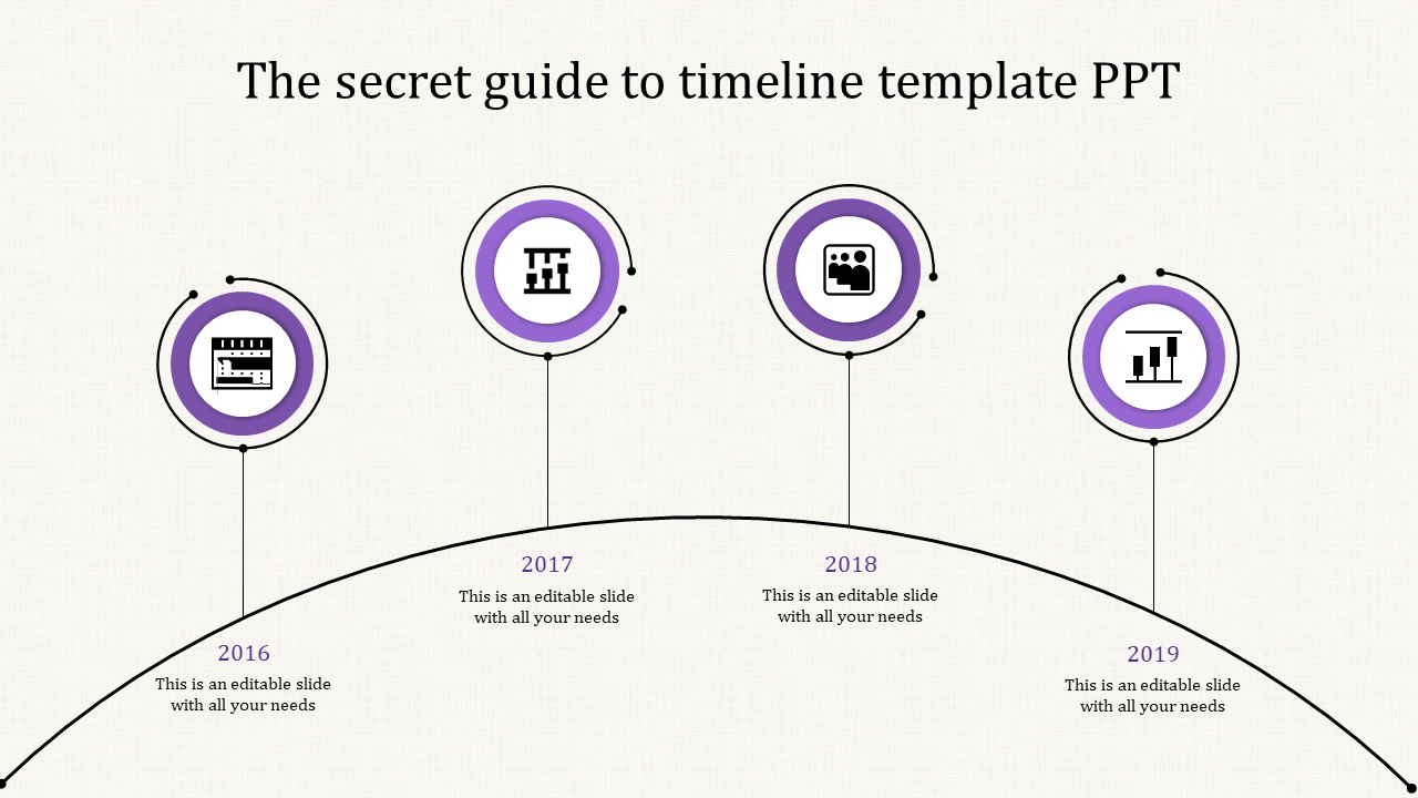 Minimalist arc shaped timeline with purple-accented milestone markers, representing key events from 2016 to 2019.