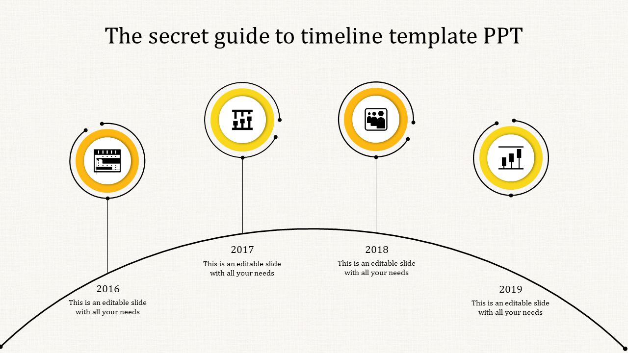 Curved timeline showing four yellow circular icons with black outlines, and year labels from 2016 to 2019.