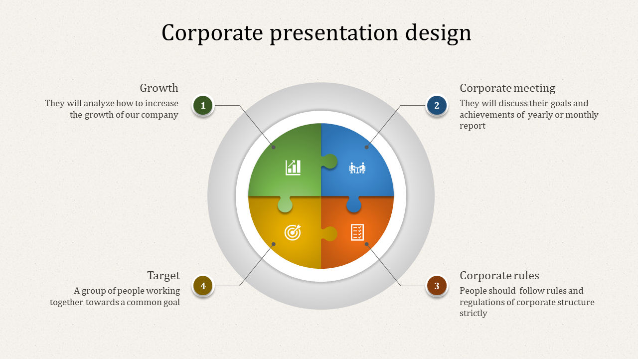 Corporate infographic featuring a circular puzzle with four colored segments, each representing a key concept linked to labels.