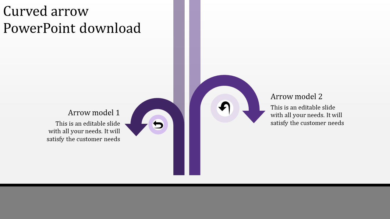 Curved arrow slide with two large purple arrows bending left and right, each inside a circular icon.