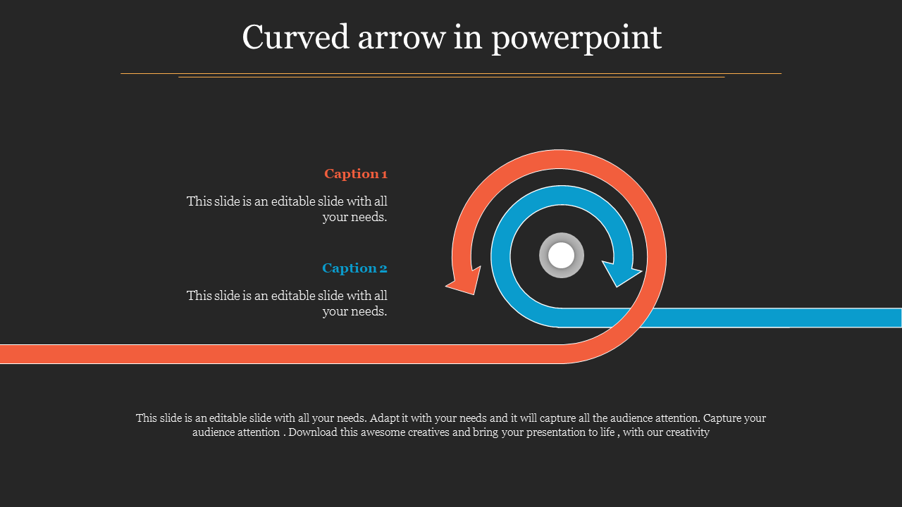 Dark themed slide with two curved arrows, in red and blue, forming a spiral shape with captions on the left.