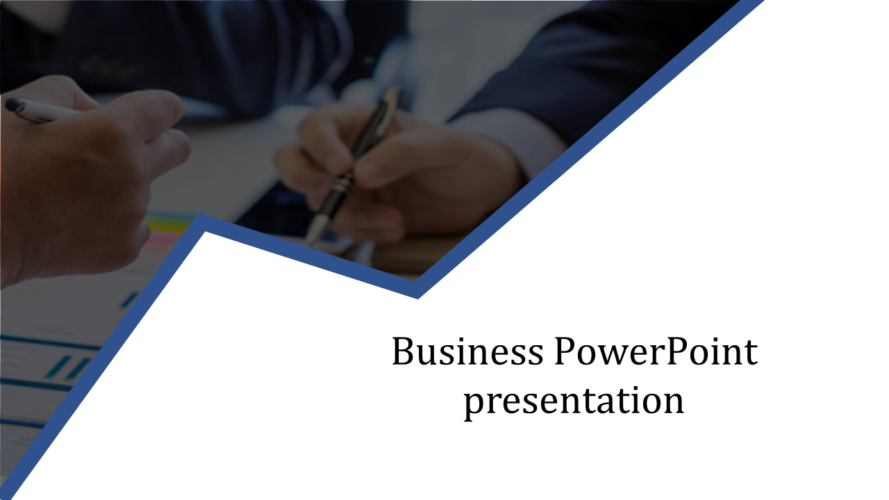 Business themed slide with hands holding pens over documents, framed with a blue geometric border and white text area.