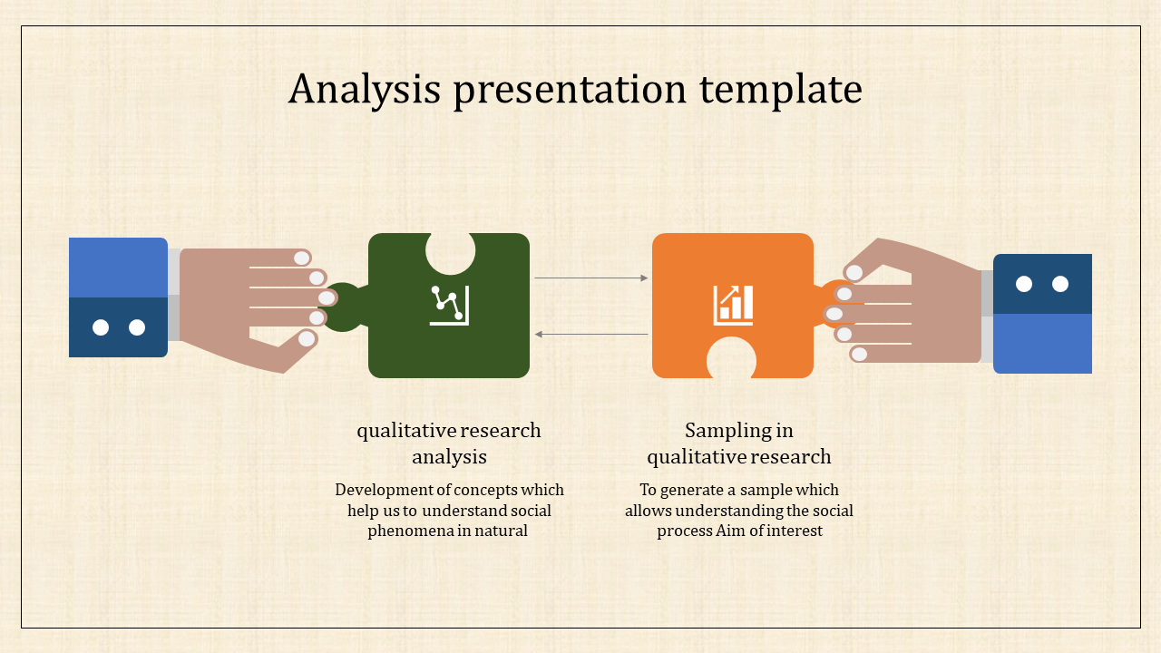Beige slide with puzzle shaped icons in green and orange, linked by arrows, held by illustrated hands in blue sleeves.