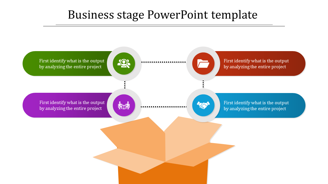 Business template with four colorful steps in green, purple, red, and blue, pointing to an open orange box.