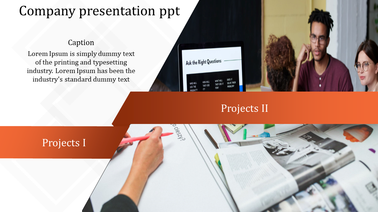 Company slide with overlapping project banners, business team discussion, and a workspace with magazines and notes.