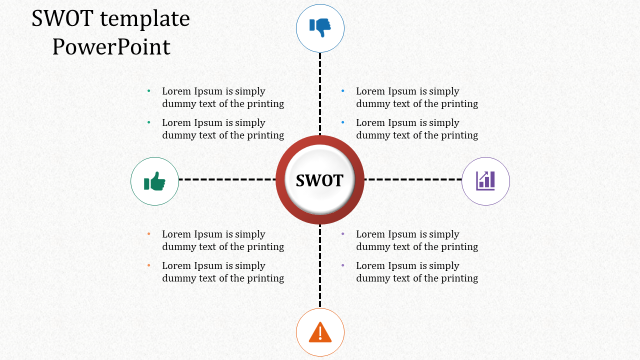 Infographic SWOT analysis layout with a circular center node branching into four key areas using dashed lines and icons.