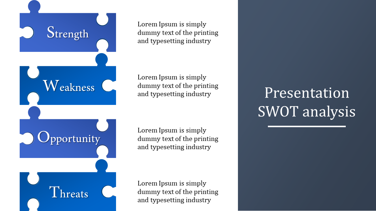 SWOT analysis slide with four blue puzzle pieces stacked vertically with a gray title section on the right.