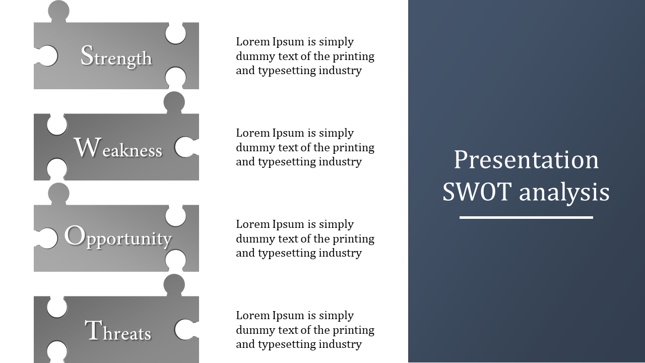 Structured SWOT framework using gradient gray puzzle pieces on the left and a dark blue title box on the right.