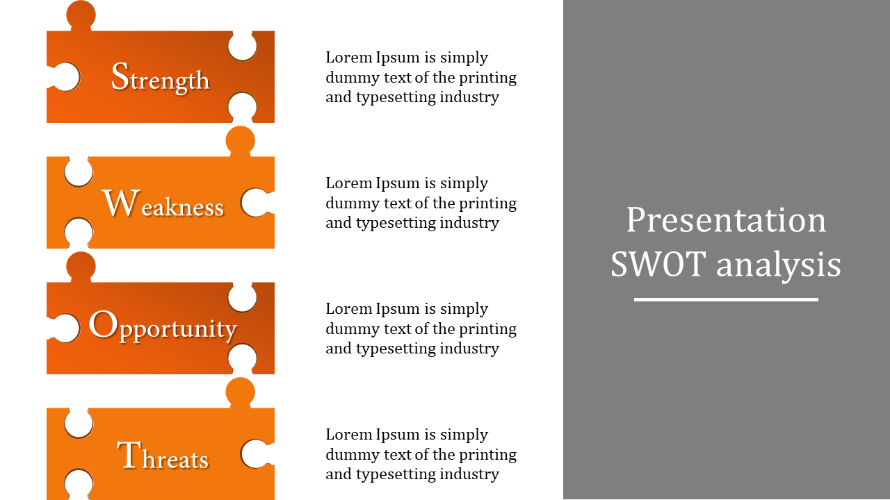 Vertical orange puzzle pieces listing SWOT elements, with white text, and a gray sidebar with title on the right.