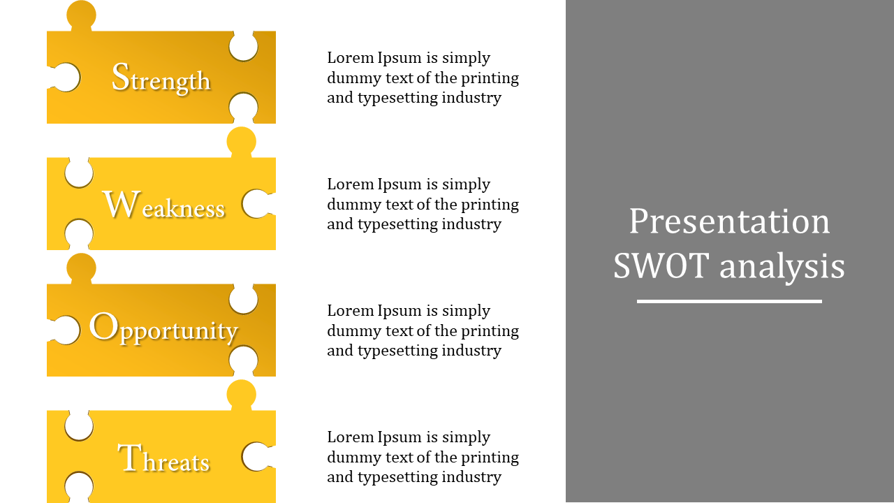 Structured SWOT framework using gold puzzle pieces with caption areas on the left and a gray title box on the right.