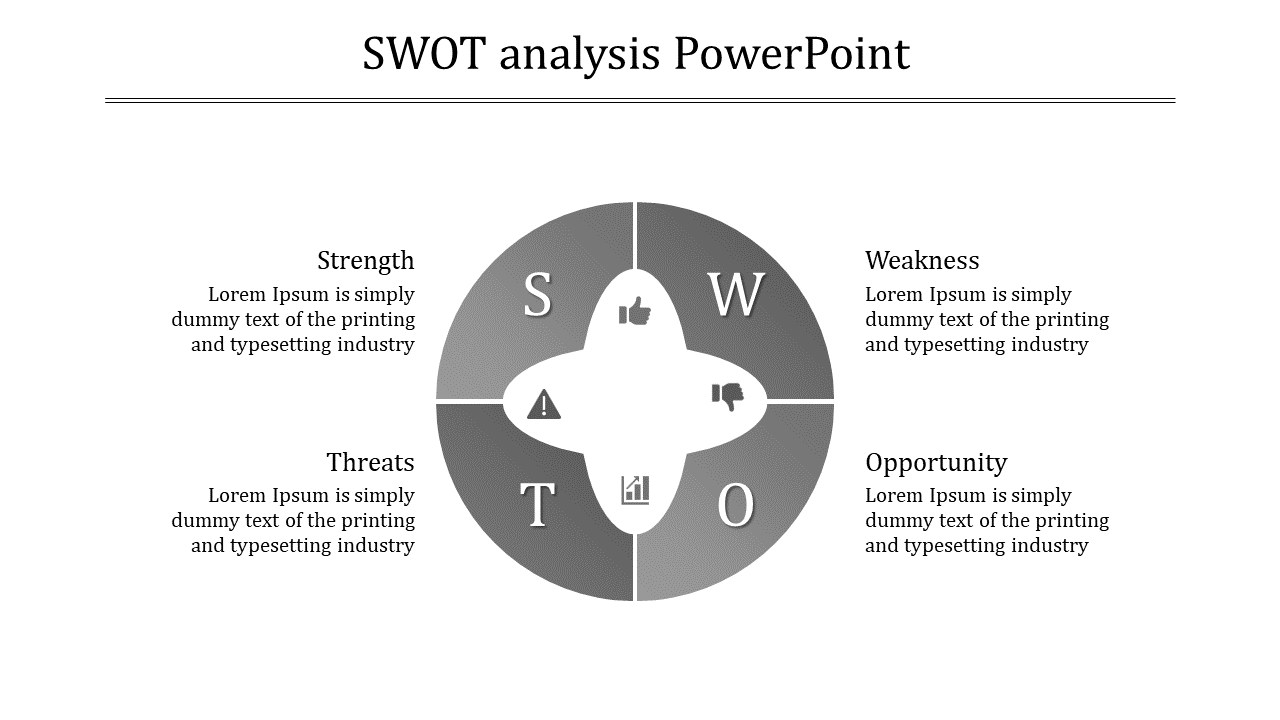 SWOT matrix design featuring a four-part grayscale circle with SWOT initials, category labels, and icons in the center.