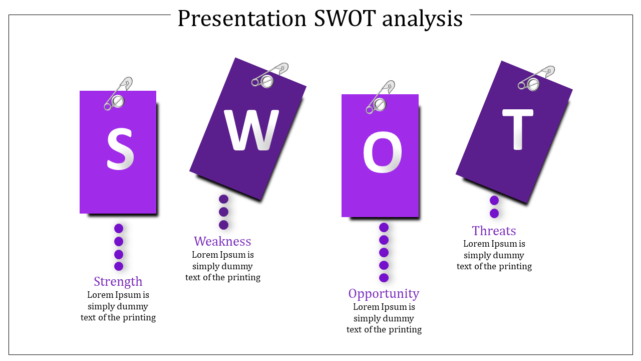 Strategic analysis graphic featuring skewed purple cards with SWOT initials and connecting dots placed in white backdrop.