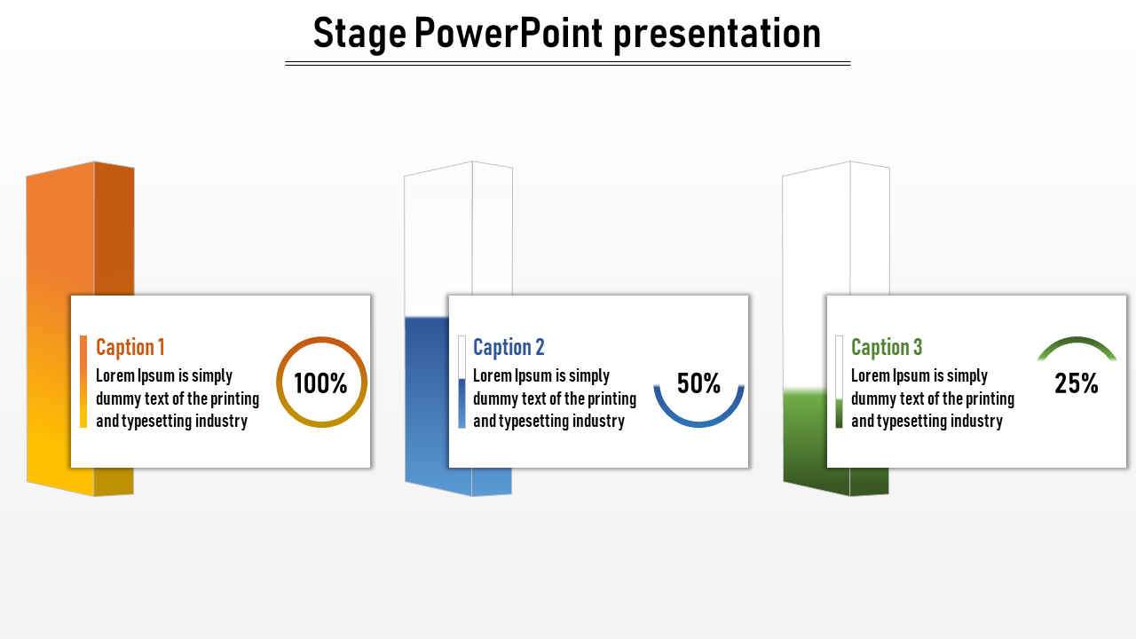 Progress visualization with color coded stages, ascending bar heights and percentage indicators each with caption areas.