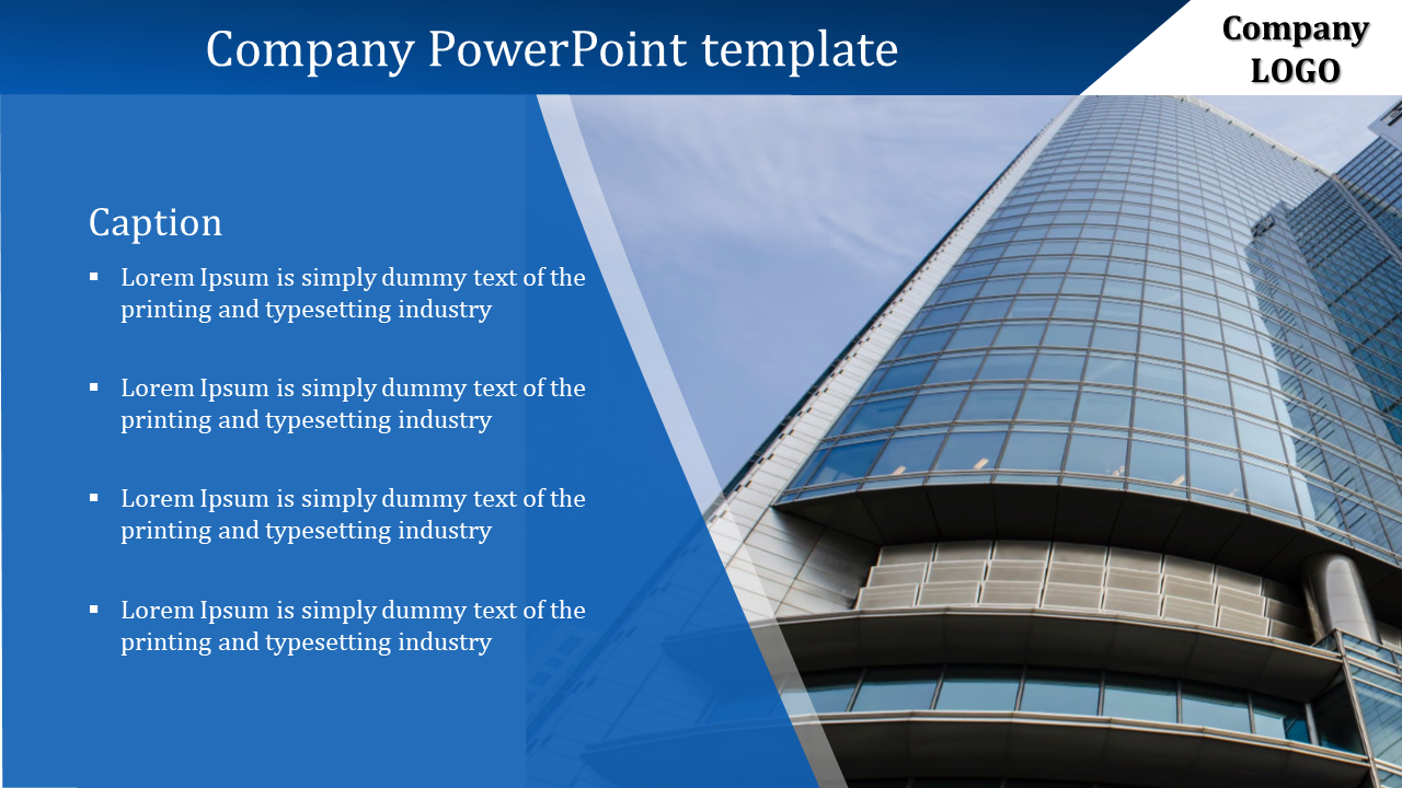 Company design with a blue theme, displaying a tall glass building and a structured text area with bullet points.