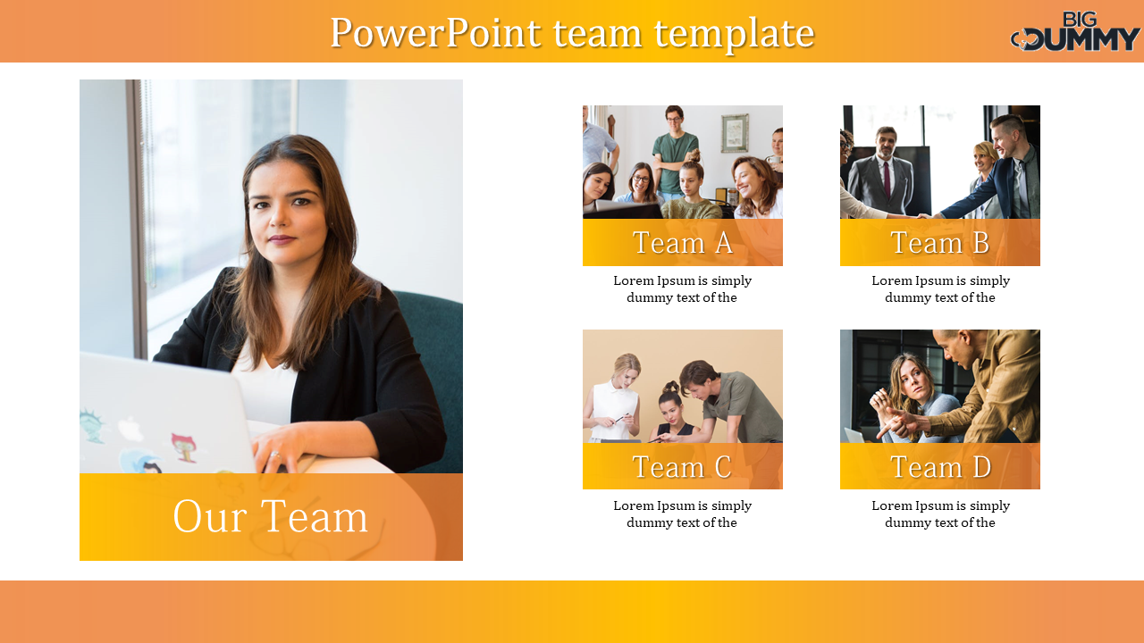 Orange themed layout featuring a central portrait of a woman and four team sections with images and text descriptions.