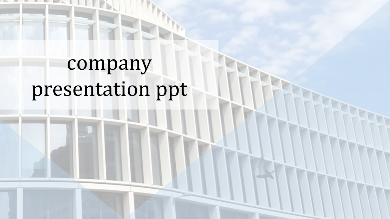 Minimalist company presentation template with a modern office facade, transparent text box, and elegant typography.