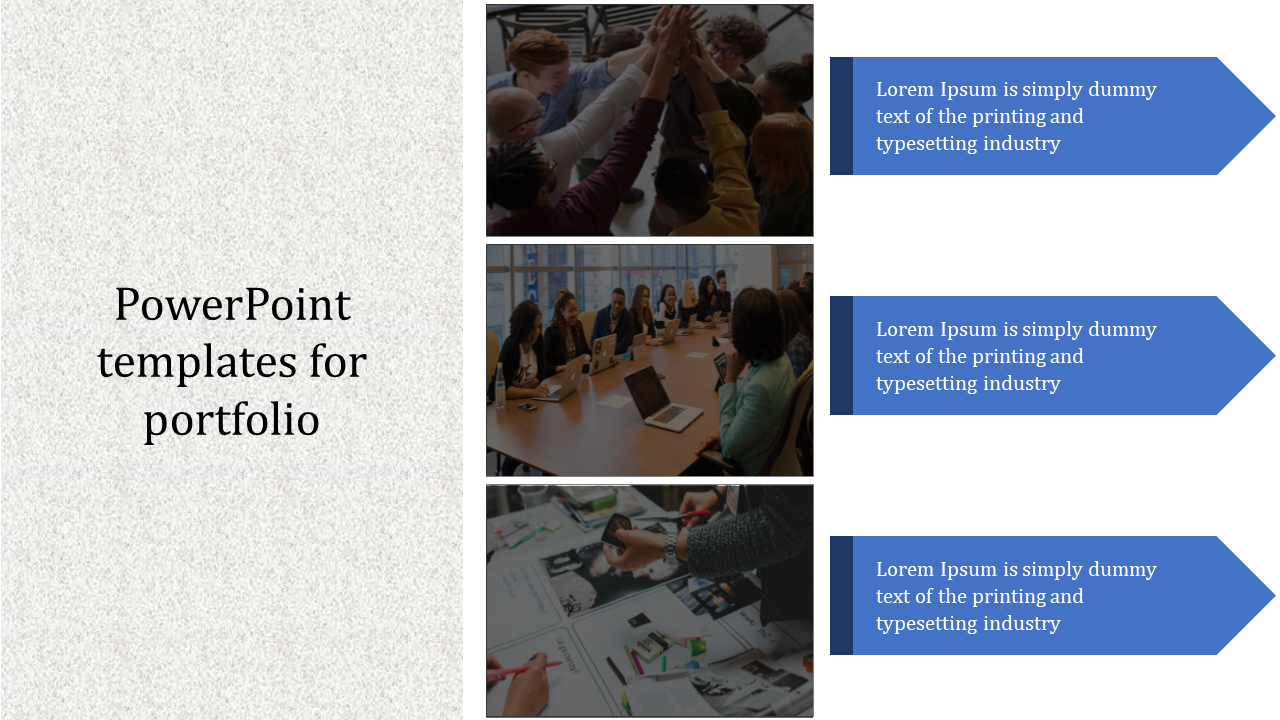 Professional portfolio template with a left-aligned title, three vertically stacked business-related images and arrows.
