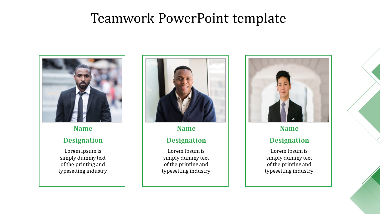 Teamwork template with three portrait-style profile cards featuring professional men in business attire with caption areas.