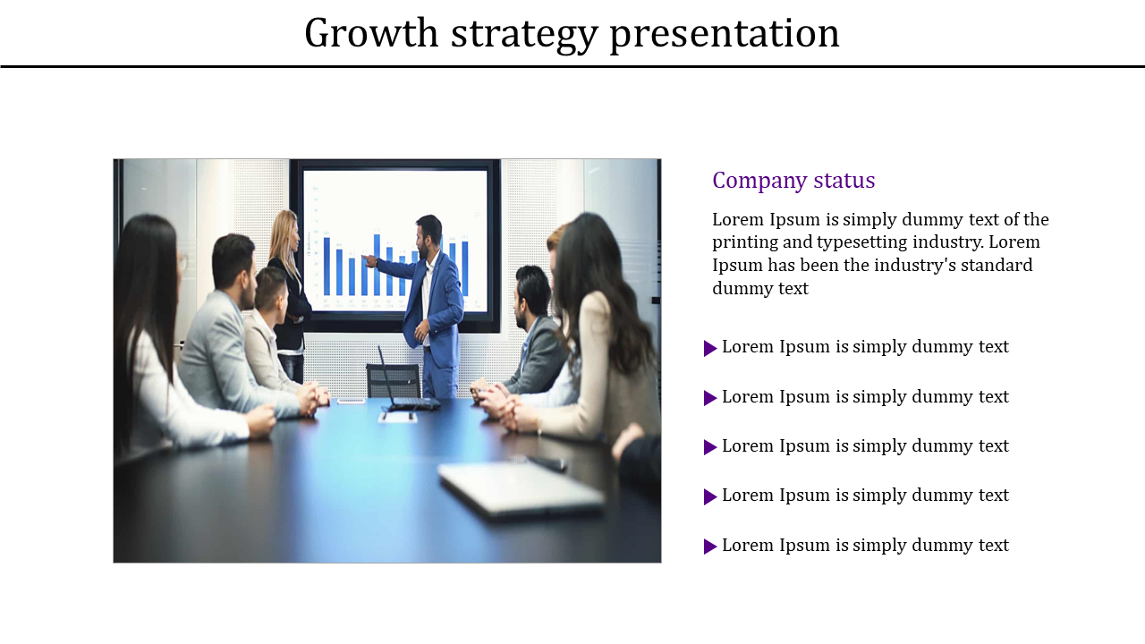 Growth strategy slide with a meeting photo on the left and company status text with bullet points on the right.
