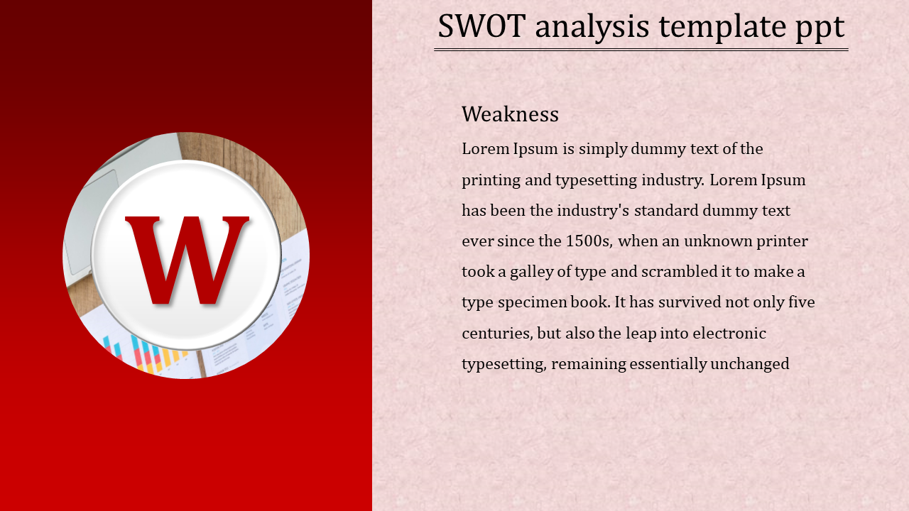 SWOT analysis slide featuring W in a red theme, over a chart image, and descriptive text on the right.