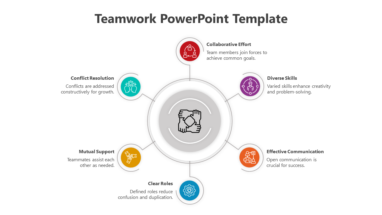 Teamwork template featuring a central handshake graphic and six surrounding colored icons representing collaboration aspects.