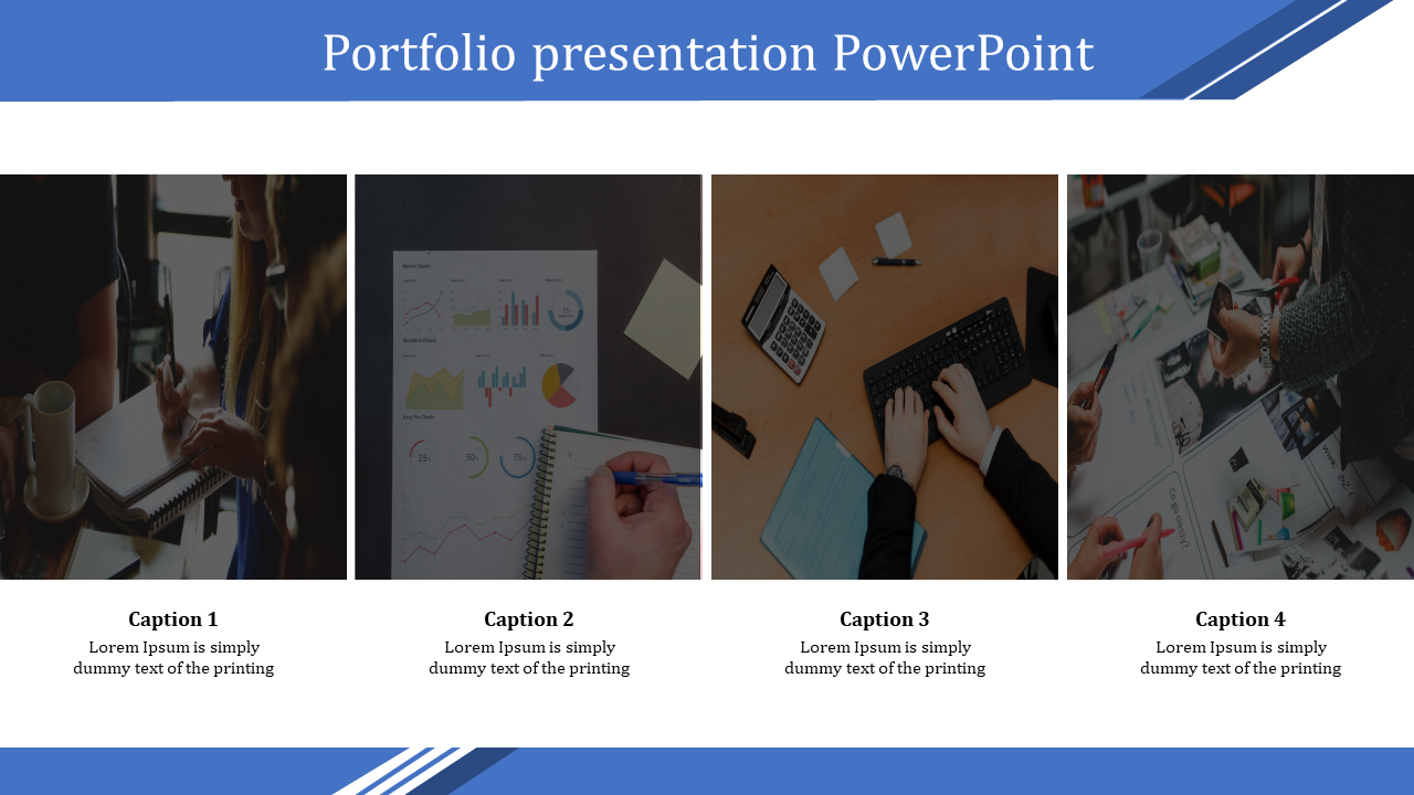 Portfolio slide with four images of people working with charts, writing, using a calculator, and reviewing design papers.