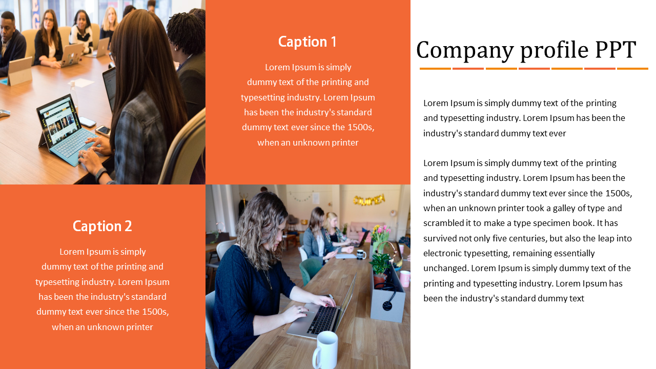 Company profile slide featuring two images of people in meetings, with captions in orange boxes and text on the right.