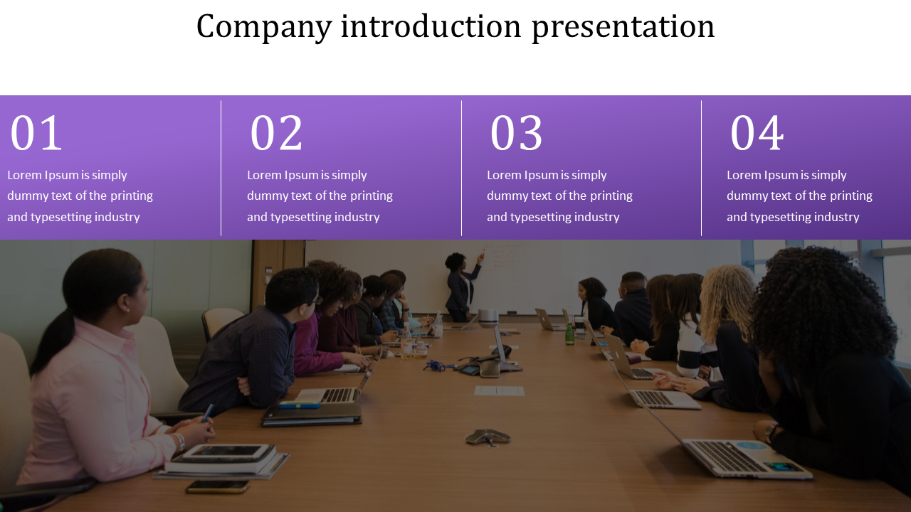 Company introduction slide featuring a business meeting scene with a presenter at a whiteboard and a purple four section.