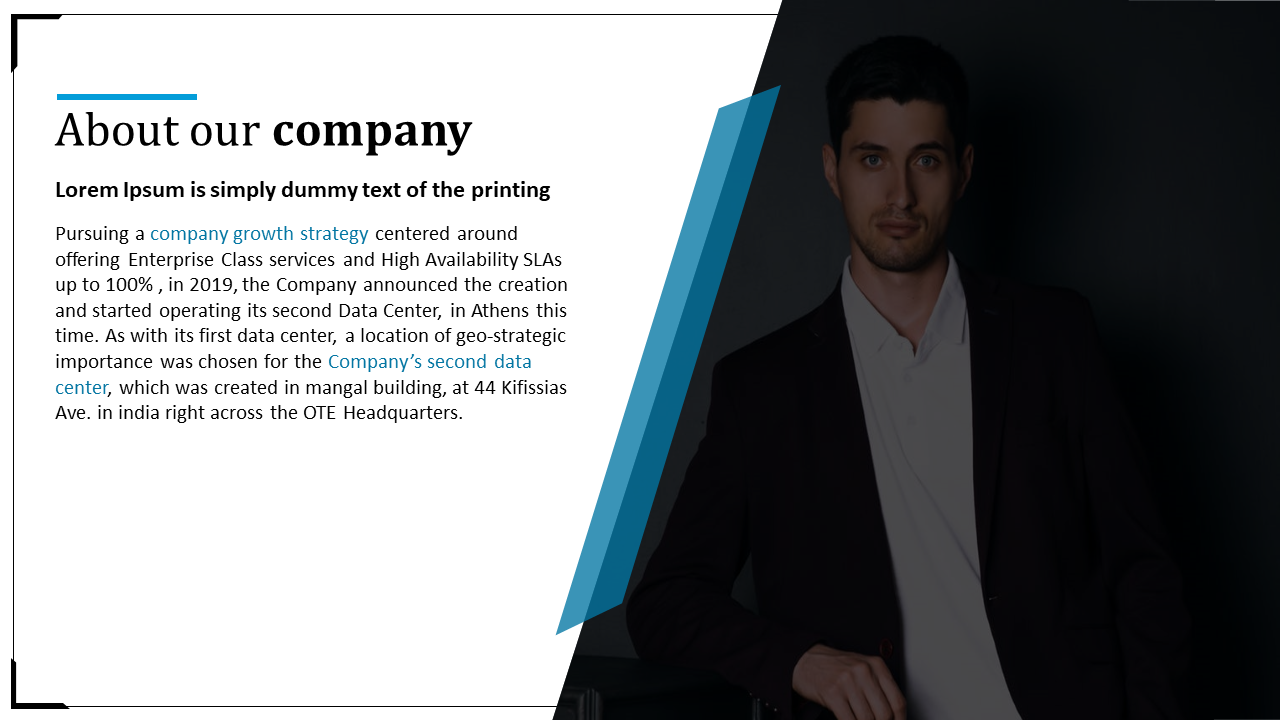 Company introduction slide with a mix of black, white, and blue colors, presenting a textual overview.