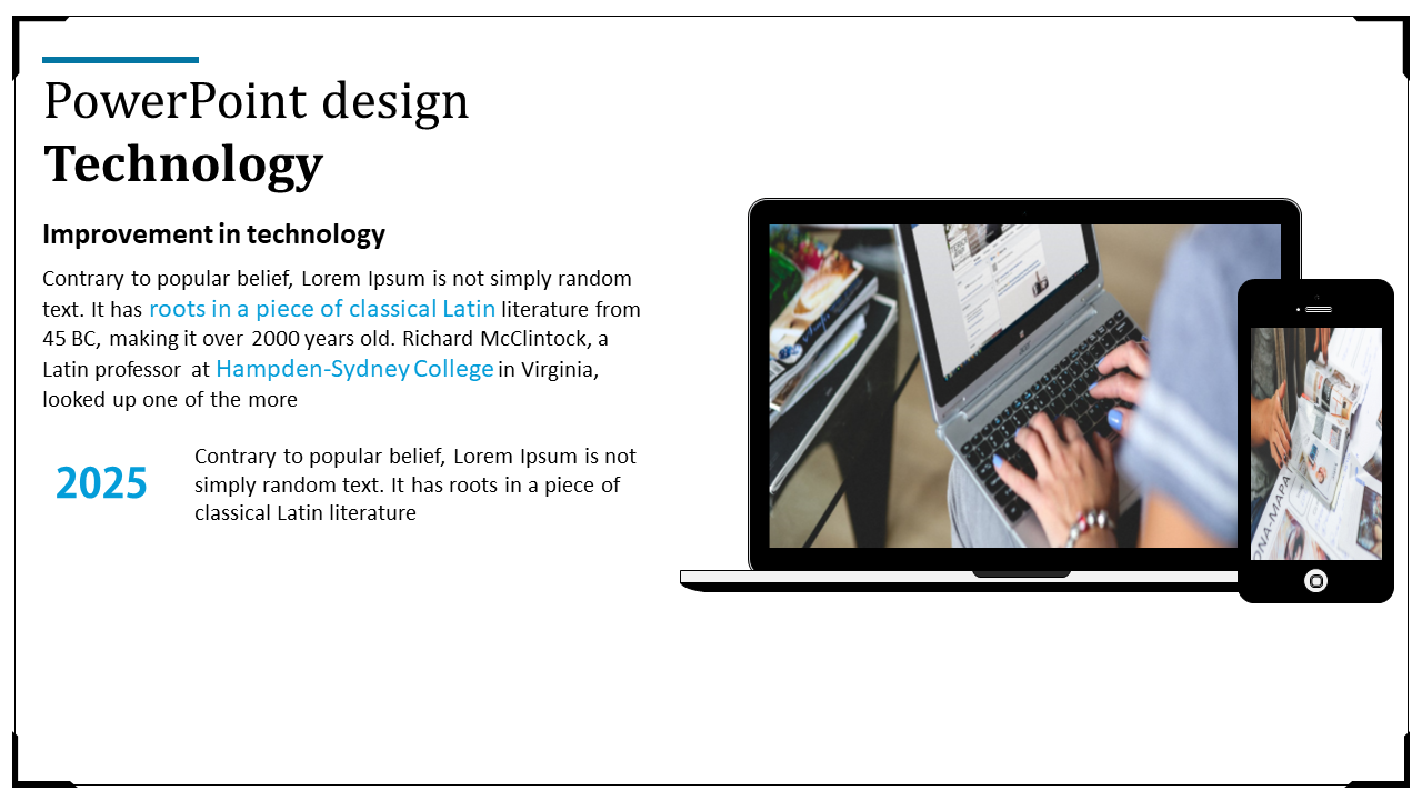 Technology themed slide displaying a user working on a laptop, with a smartphone overlay and an informative text block.