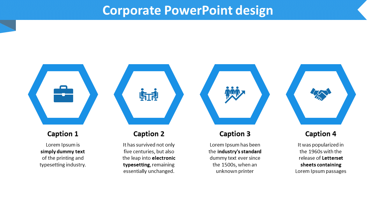 A PowerPoint slide with four blue hexagons, each containing an icon and a caption with Lorem Ipsum text.