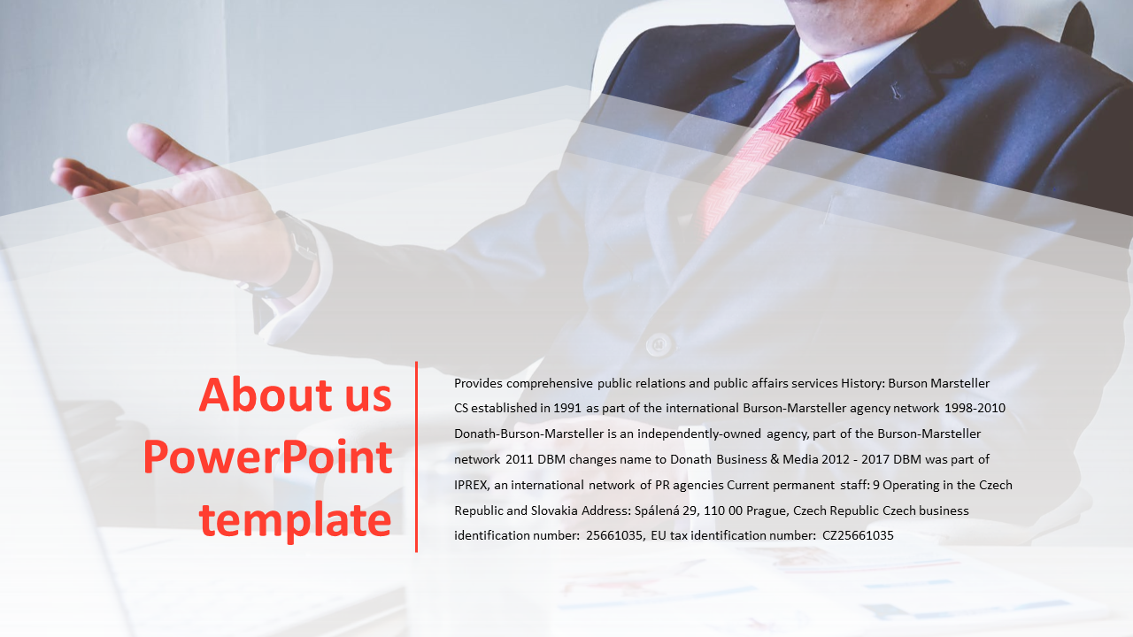 About us slide with a blurred background of a suit clad individual and red text overlay on a white gradient.