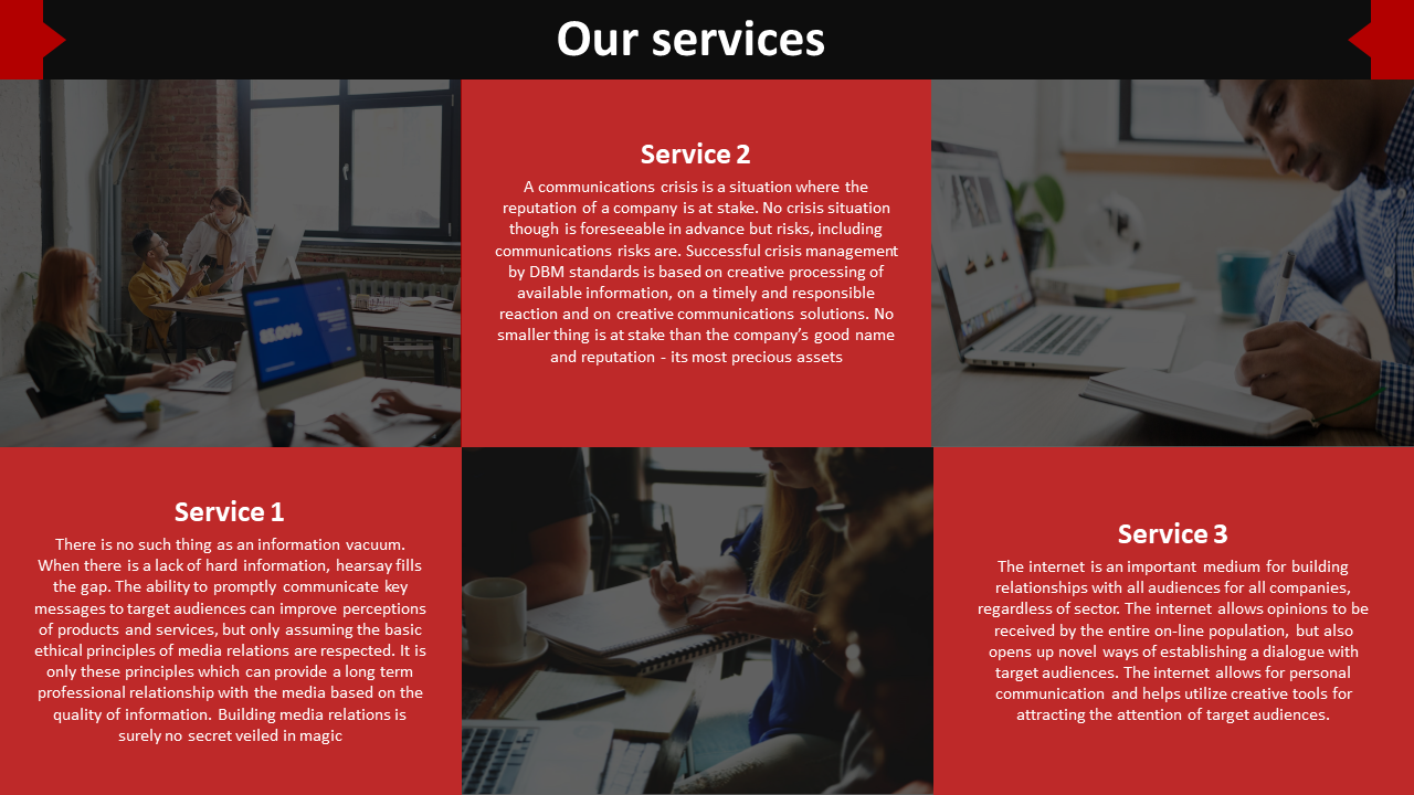 A PowerPoint slide highlighting a range of professional presentations with three services with text in a red box.
