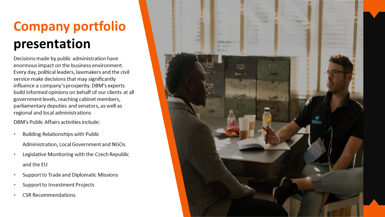 Corporate portfolio slide with a modern design, a professional discussion scene on the right, and detailed business content.
