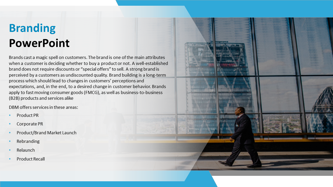 Slide showcasing the role of branding with a list of services and a backdrop of a modern urban office view with blue accents.