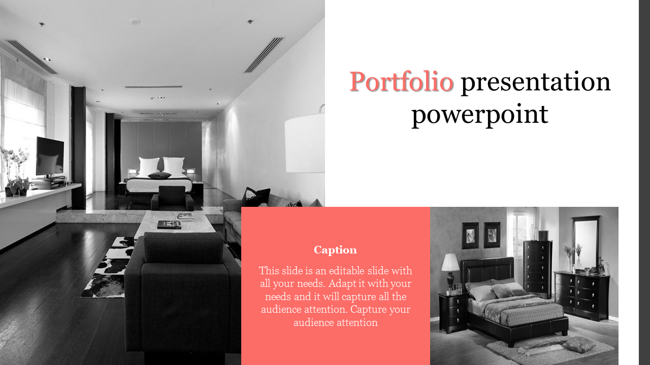 A PowerPoint slide showcasing interior design portfolio images with text.