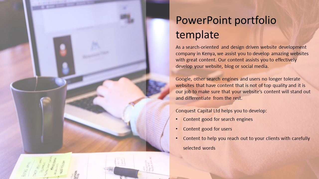 Website development portfolio slide with a split layout, featuring a desk workspace and text on improving website content.