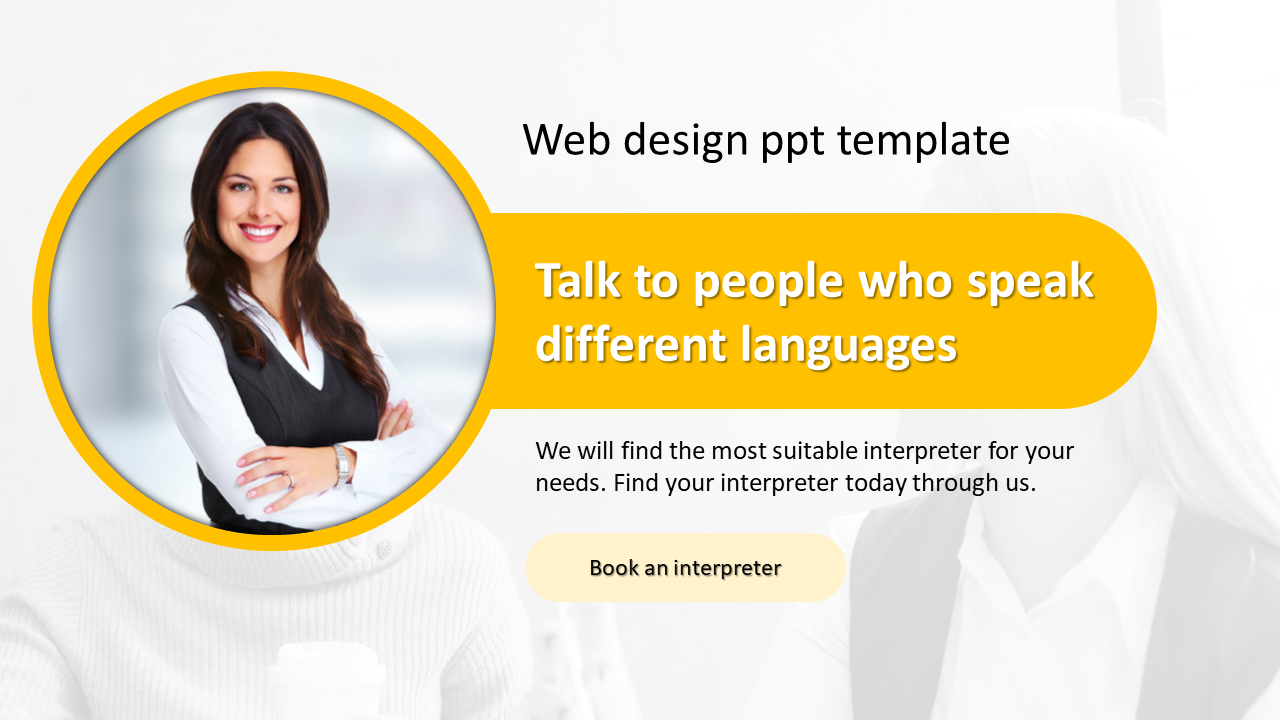 Web design slide featuring a smiling woman with a yellow circular frame, paired with text and a call to action button.