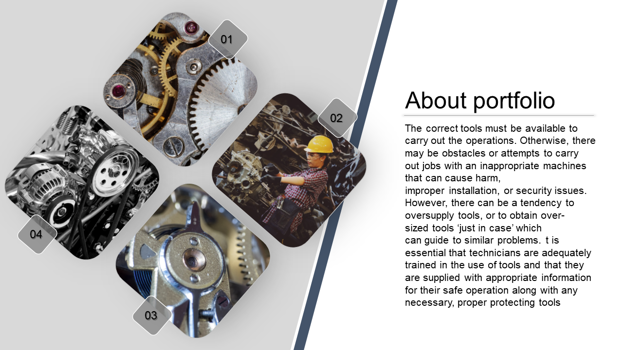 Portfolio slide featuring four rounded square images of gears, engines, and a mechanic at work, numbered from 01 to 04.