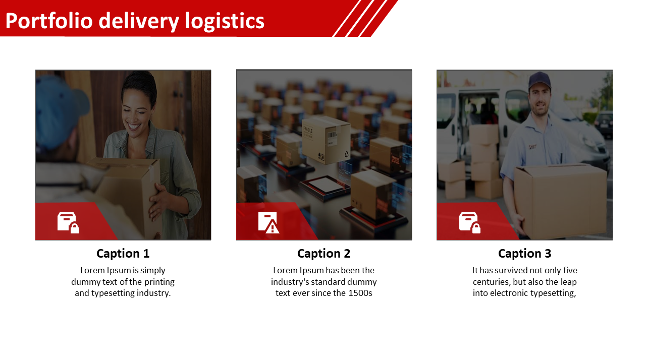 Portfolio slide on delivery logistics, displaying three images of a exchange, parcel sorting, and a courier carrying a box.