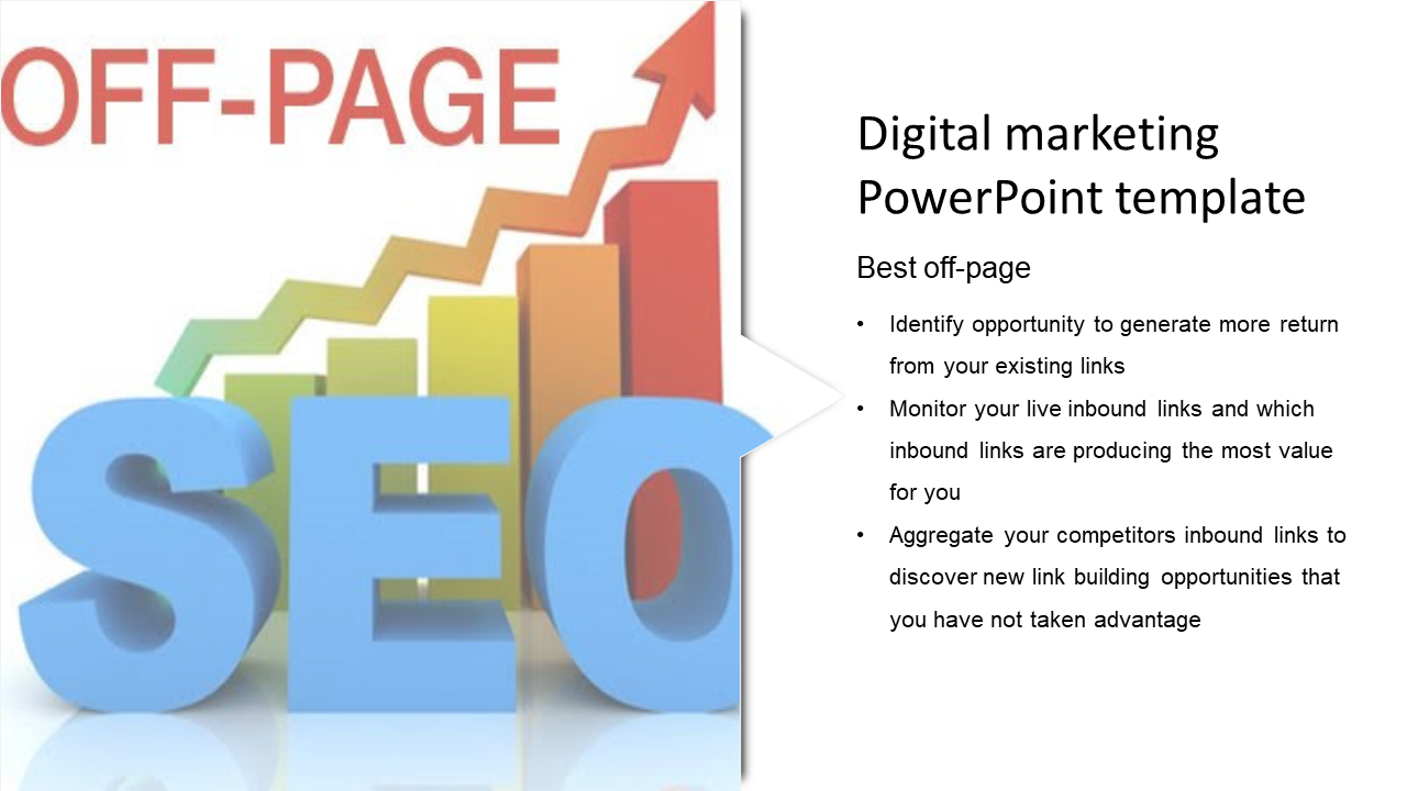Digital marketing slide featuring bold text, a colorful bar chart with an upward arrow, and large 'SEO' letters.