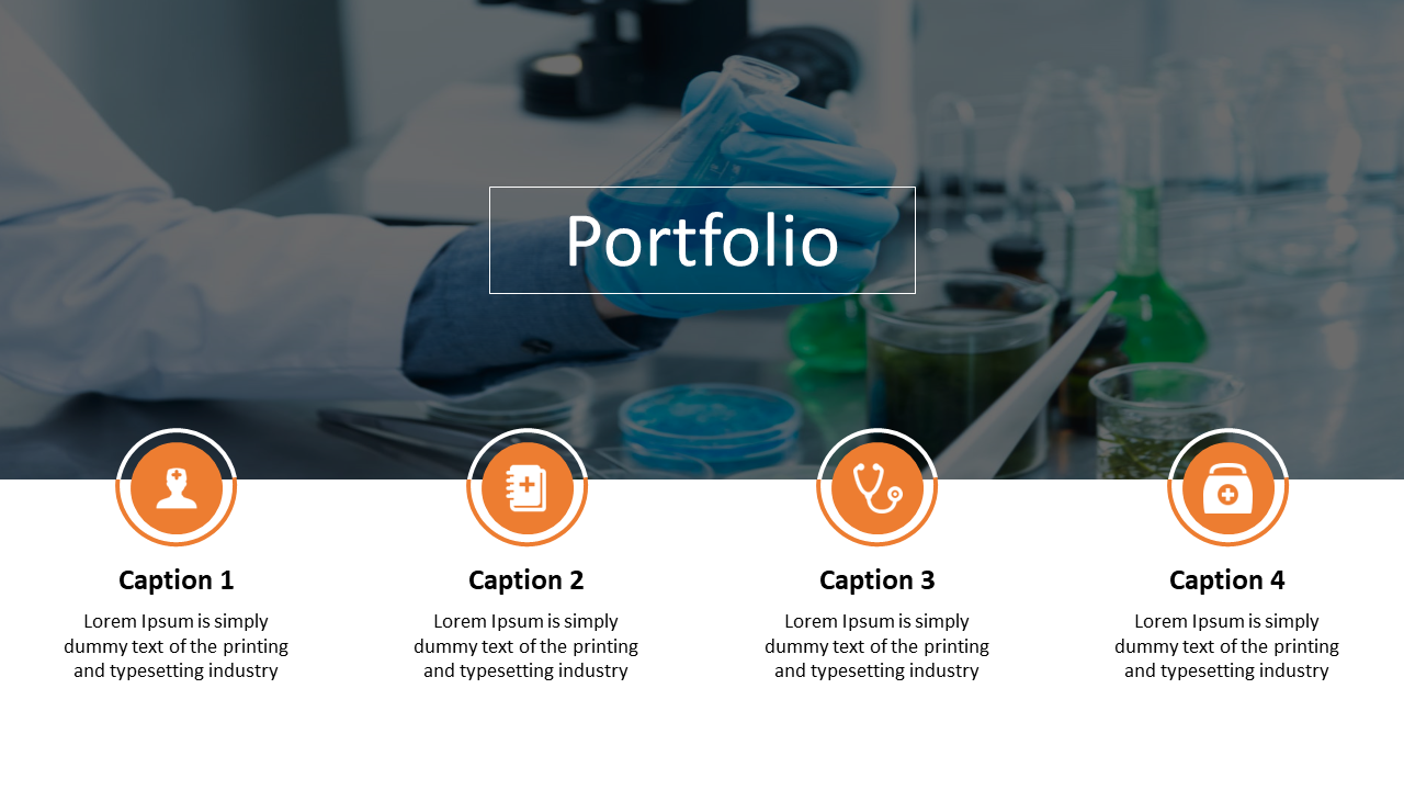 Portfolio slide featuring a laboratory background with four captions and icons representing various fields.