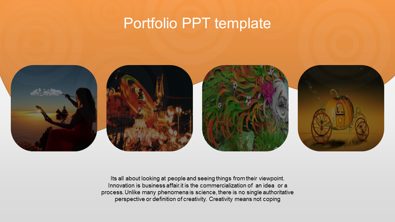 Portfolio template with four rounded images showcasing surreal and fantasy visuals, placed below an orange gradient header.